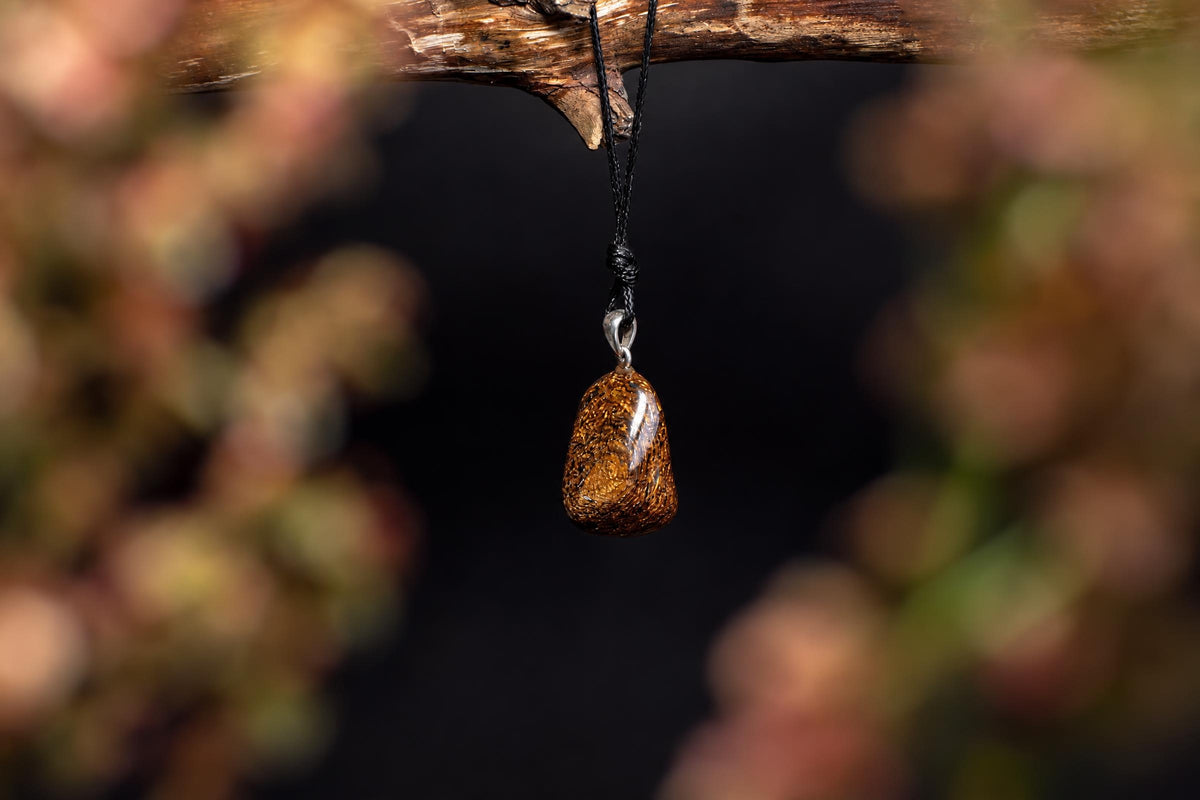 A polished brown pendant with golden flecks hangs from a black cord on a dark surface.