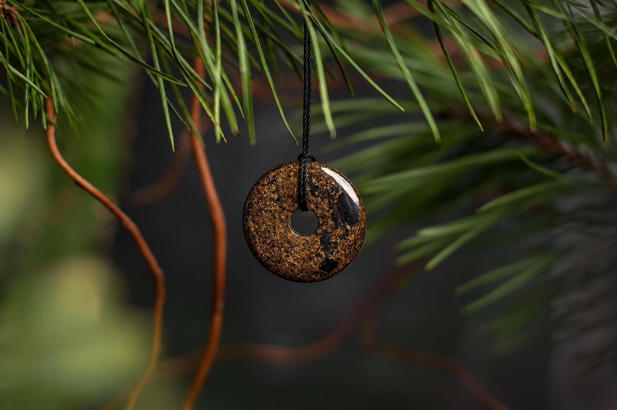 A round brown bronzite pendant with a central hole hangs from a black cord beneath green needles.