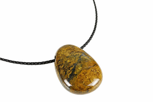 A polished, teardrop-shaped pendant with golden-brown and dark streaks hangs from a black cord against a white background.