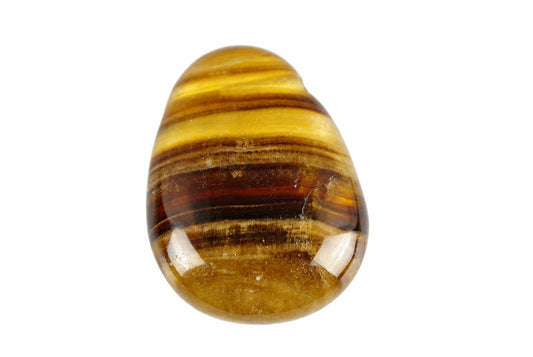 A polished, teardrop-shaped stone with horizontal stripes of yellow and dark brown on a white background.