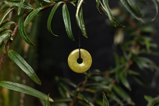 A yellow-green donut-shaped pendant hangs from a black cord against green leaves and a dark background.
