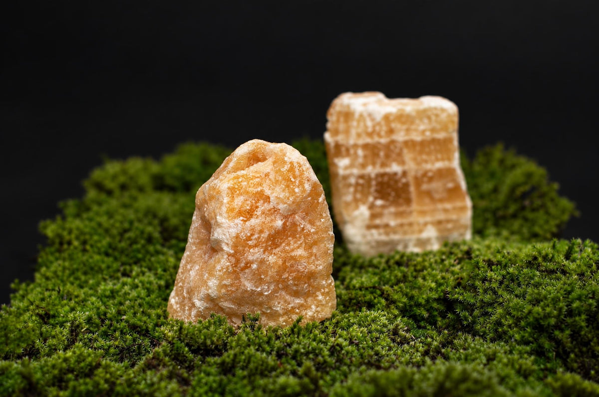 Two orange calcite crystals rest on a dark green mossy surface against a black background.