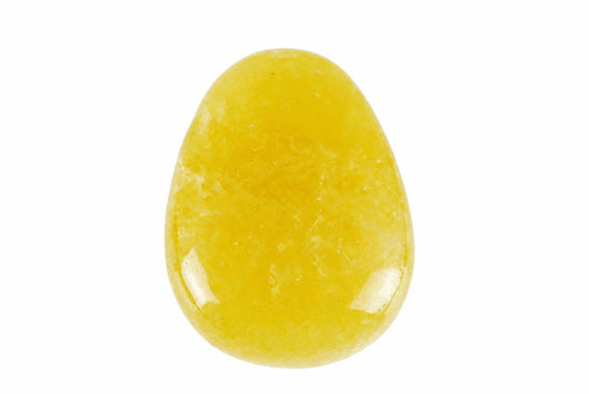 A polished, yellow drop-shaped Calcite pendant with a smooth surface and subtle internal textures on a white background.