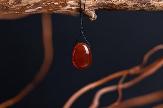 A polished, oval-shaped red-orange stone pendant hangs from a black cord against a dark background with blurred branches.