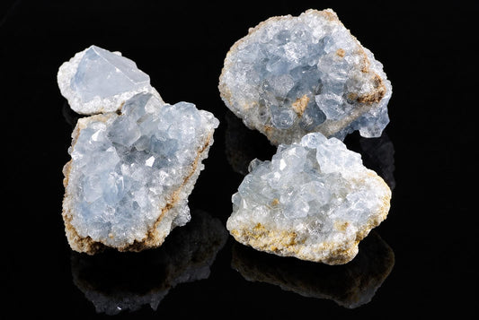 Four pieces of celestite with light blue crystals on a dark surface.
