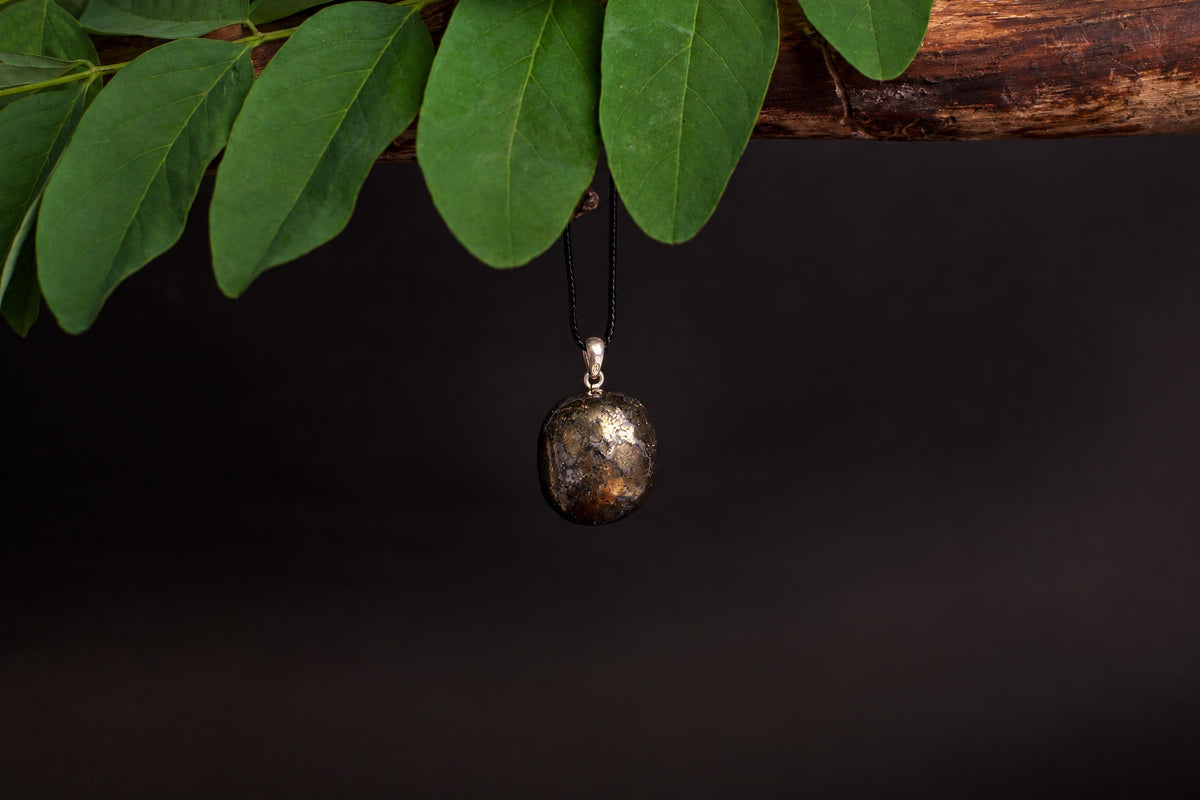 A rounded dark chalcopyrite pendant with golden flecks hangs from a black cord beneath leafy branches.