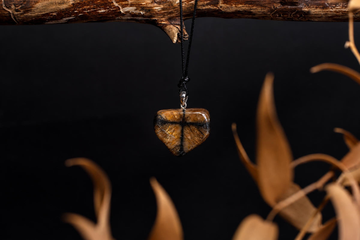 A Chiastolite pendant with a black cross pattern hangs from a black cord on a dark surface, framed by dried leaves.