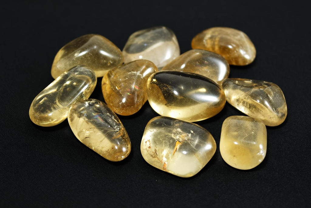 A pile of smooth, polished citrine stones in yellow and clear tones on a dark surface.