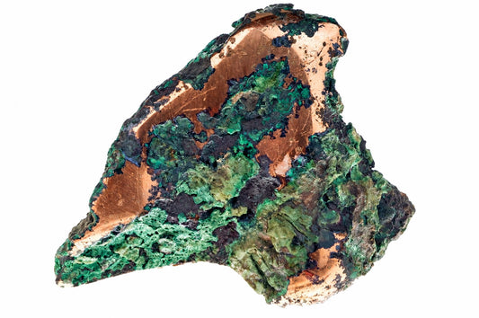 A rough mineral specimen with a copper-colored metallic base and patches of green and dark blue-green corrosion, set against a white background.