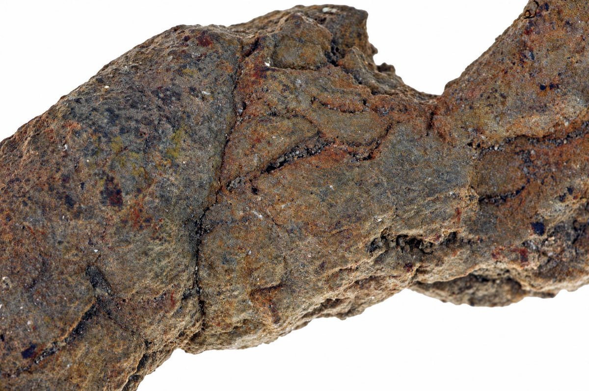 A close-up of a rough, irregular rock with brown and grey textures against a white background.