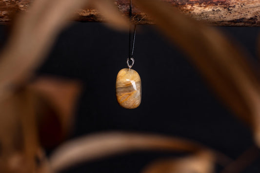 A polished, oval-shaped pendant with yellow and brown banding hangs from a black cord against a dark background.