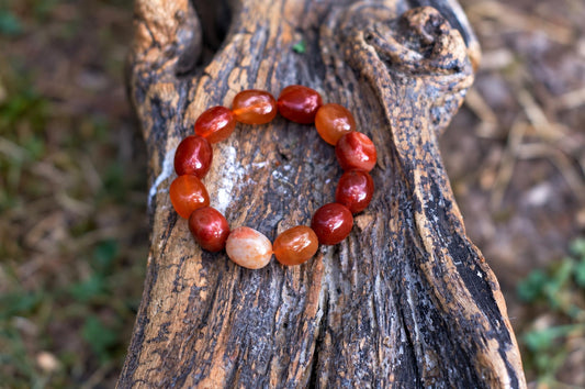 Glossy bracelet of rounded red and orange beads with one pale mottled bead, arranged in a circle on weathered wood against a blurred outdoor background.
