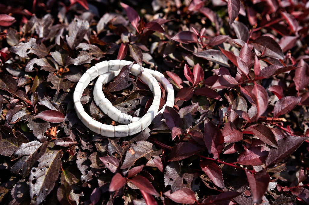 Two overlapping bracelets of white square beads with grey veining rest on dark burgundy foliage, viewed from above in sunlight.