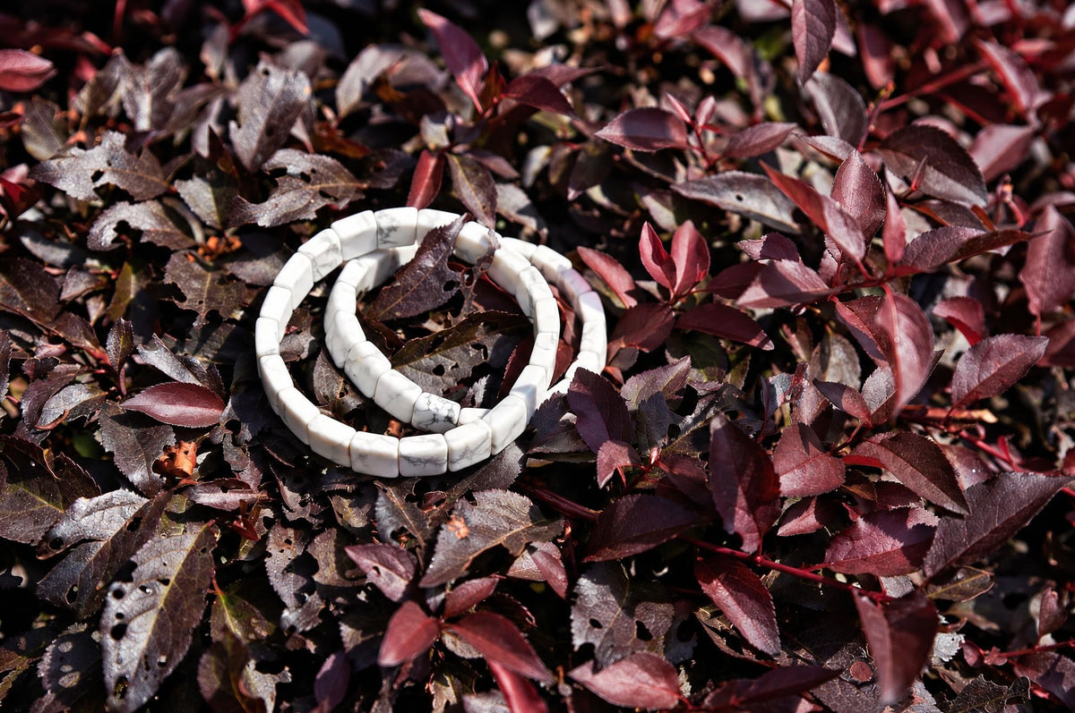 Two overlapping bracelets of white square beads with grey veining rest on dark burgundy foliage, viewed from above in sunlight.