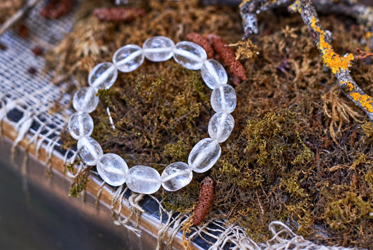 Clear oval-bead bracelet arranged in a loop on brown-green moss, beside reddish cones and a yellow-lichen-covered twig, viewed at an angle.
