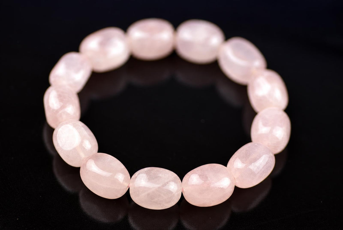 Rose quartz bracelet with pale pink oval beads arranged in a circle on a glossy black surface, with reflections below and softly blurred beads toward the back.
