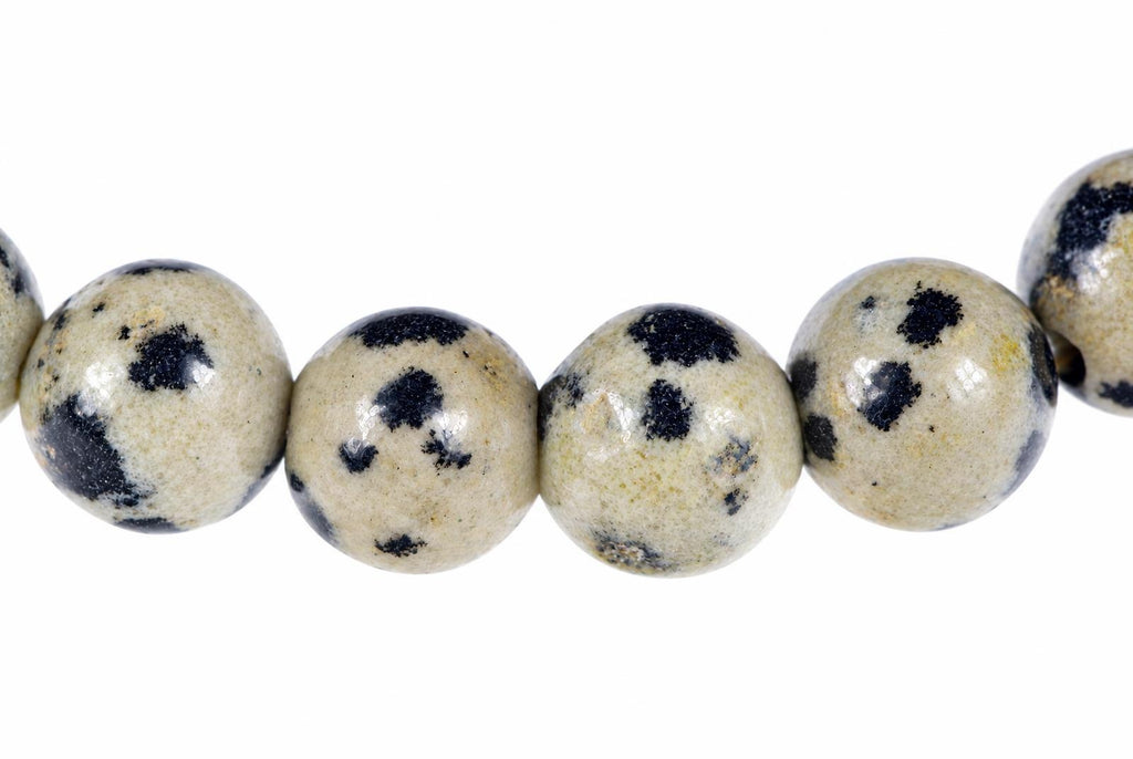 A row of round, cream-coloured beads with black spots on a white background.