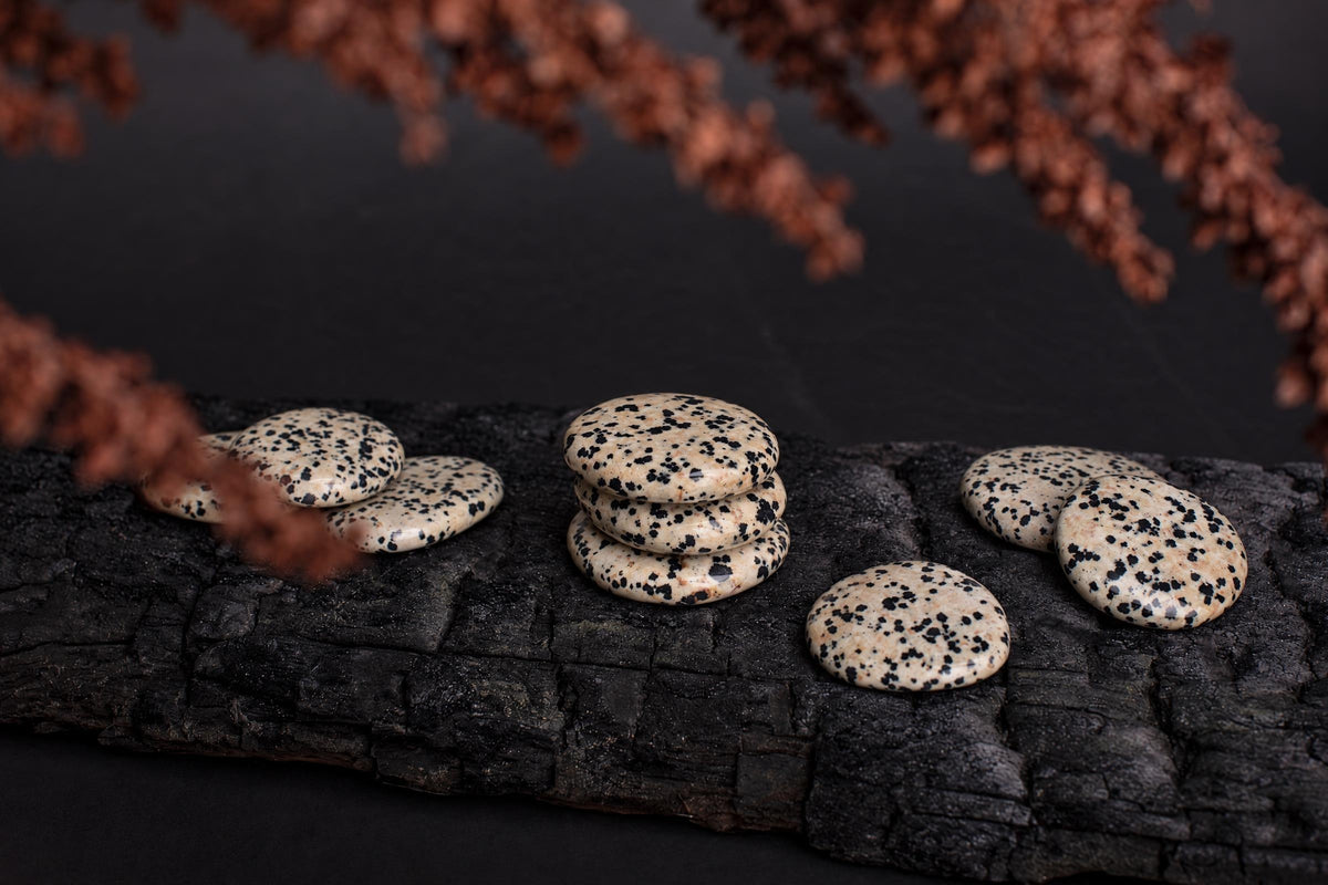 Several round, cream-coloured stones with black spots are arranged on a dark wooden surface.