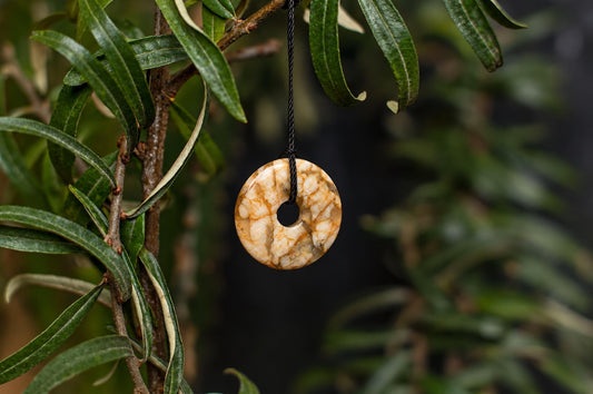 A polished, donut-shaped pendant with a swirling pattern of cream and brown hangs from a black cord on a leafy branch.
