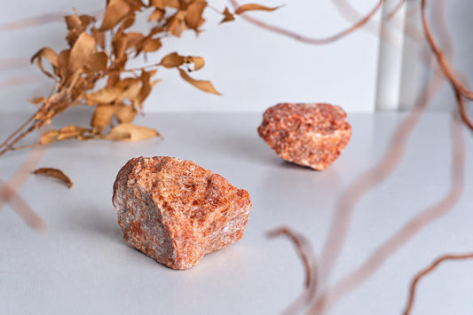 Two orange-brown, rough-textured mineral specimens rest on a pale surface with dried foliage in the background.