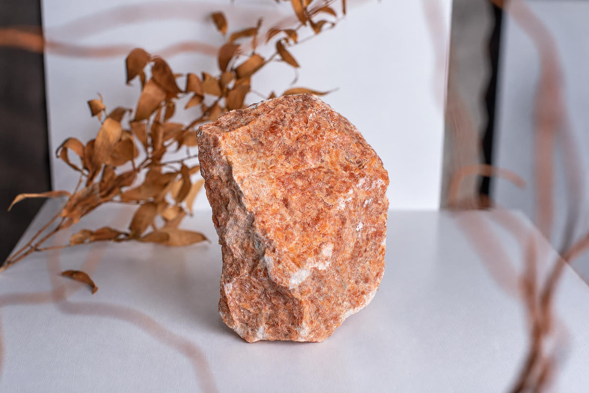 A large, rough-textured orange rock with white patches stands on a pale surface beside dried brown leaves.