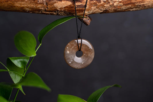 A translucent brown donut-shaped pendant with white flecks hangs from a black cord on a wooden branch, beside green leaves.