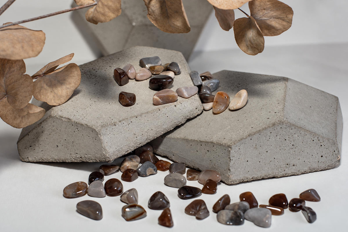 Polished brown and grey stones rest on two geometric concrete blocks with dried leaves above.