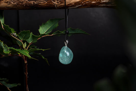 A teardrop-shaped, translucent light blue pendant hangs from a black cord on a dark wooden branch with green leaves.