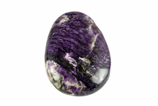 A polished, teardrop-shaped stone with purple, white and dark inclusions on a plain background.