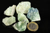 Six raw fluorite crystals in pale green, blue-green and white tones on a dark surface with a one-euro coin for scale.