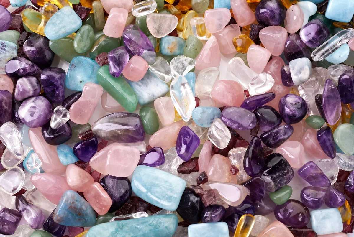 A close-up view of a mixed pile of polished tumbled stones in various shapes and colors, including purple, pink, blue, green, and clear.