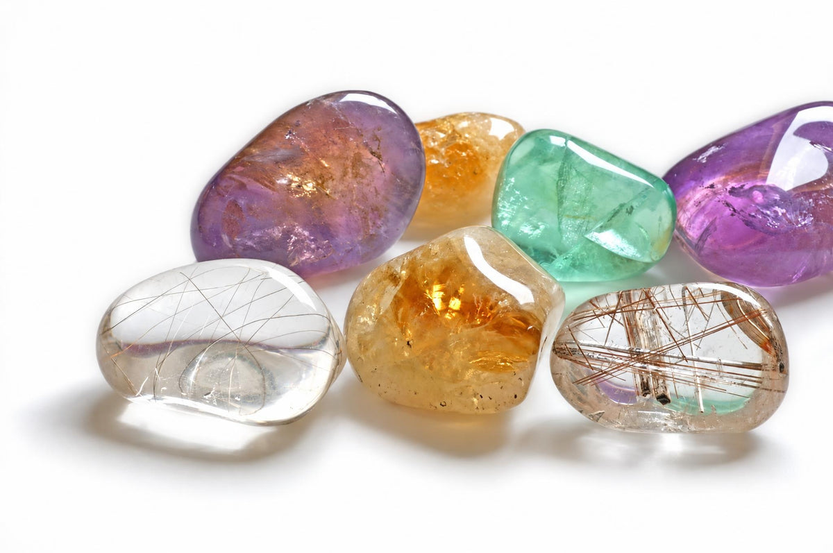 Polished, smooth stones in purple, green, orange and clear colours with internal lines on a white surface.