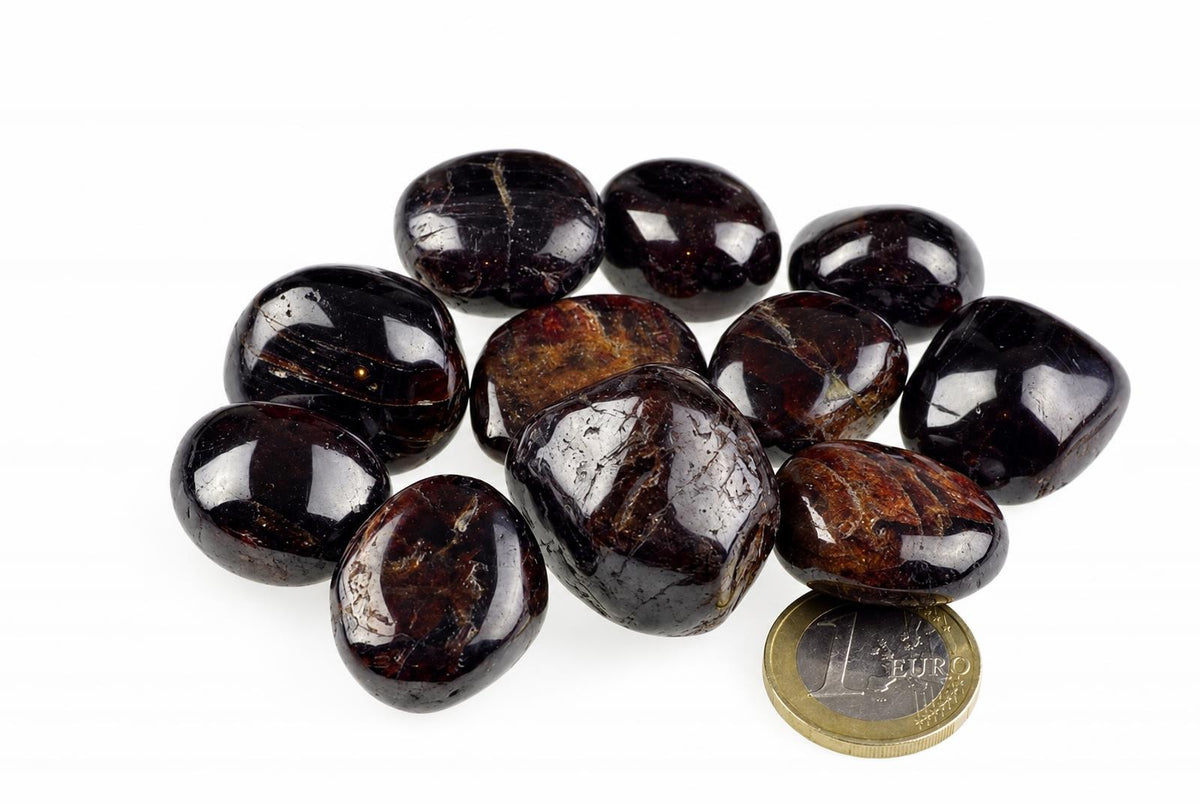 A group of polished, dark brown and black stones with golden-brown inclusions rests on a white surface next to a one-euro coin.