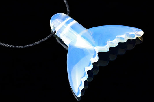 A translucent blue and white dolphin tail pendant with a black cord, resting on a dark reflective surface.