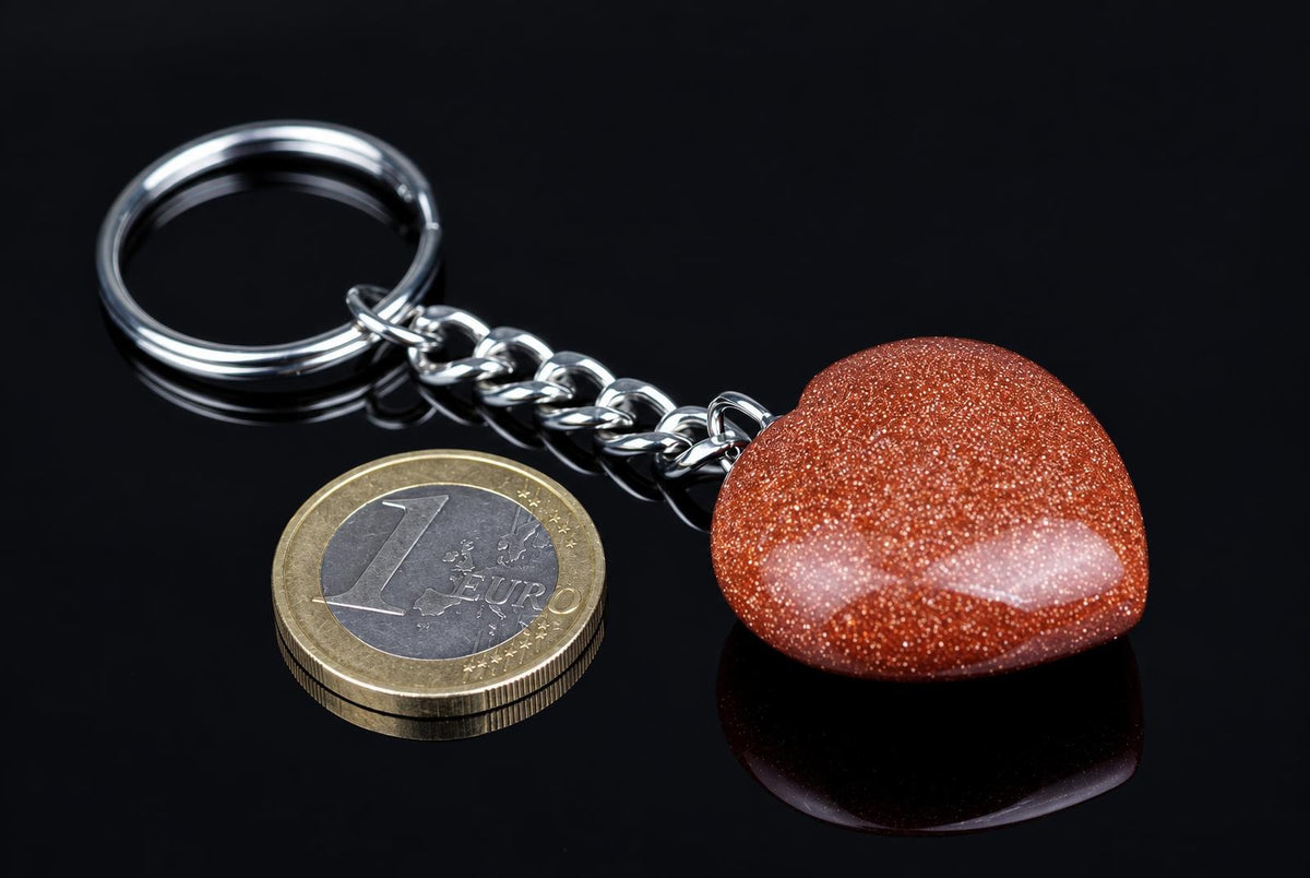A silver-toned keychain with a chain and ring, featuring a glittery reddish-brown heart-shaped pendant on a dark reflective surface.