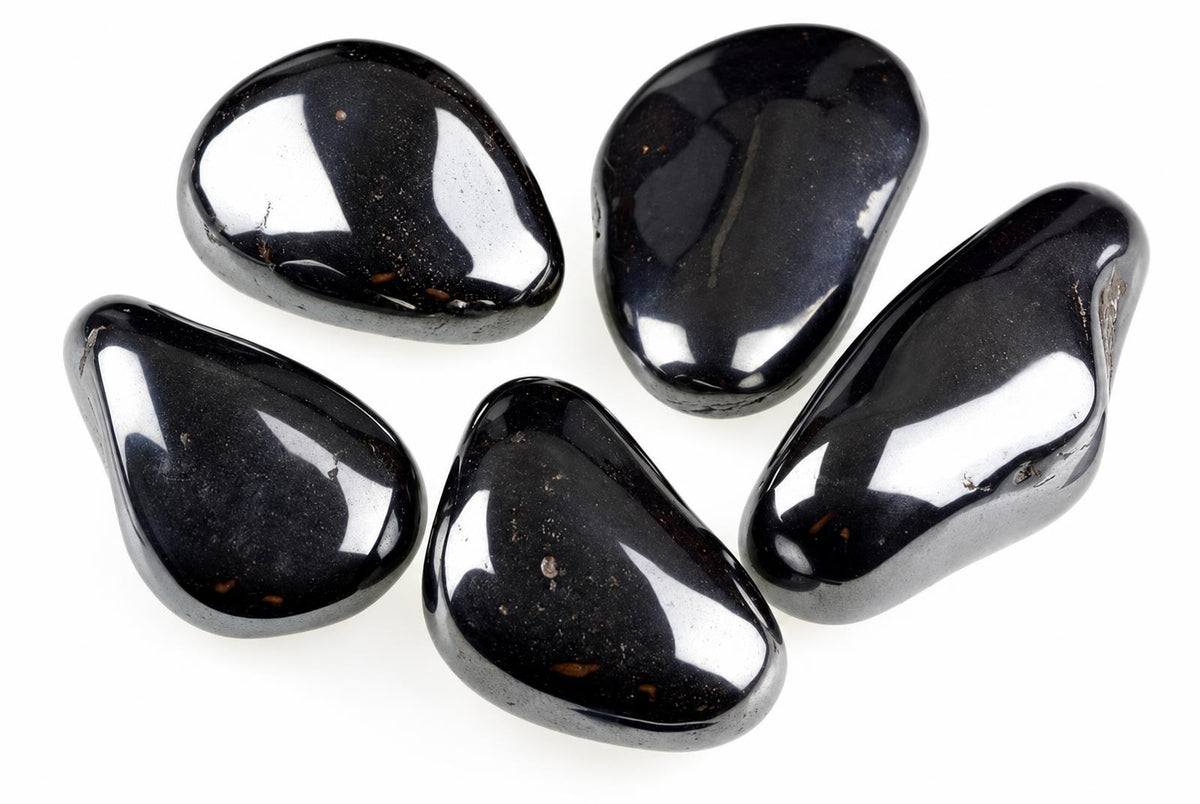 Five polished, dark black stones with a smooth, glossy surface arranged on a white background.