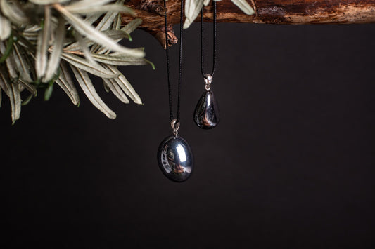 Two dark, polished pendants hang from black cords against a dark background, near pale green foliage.