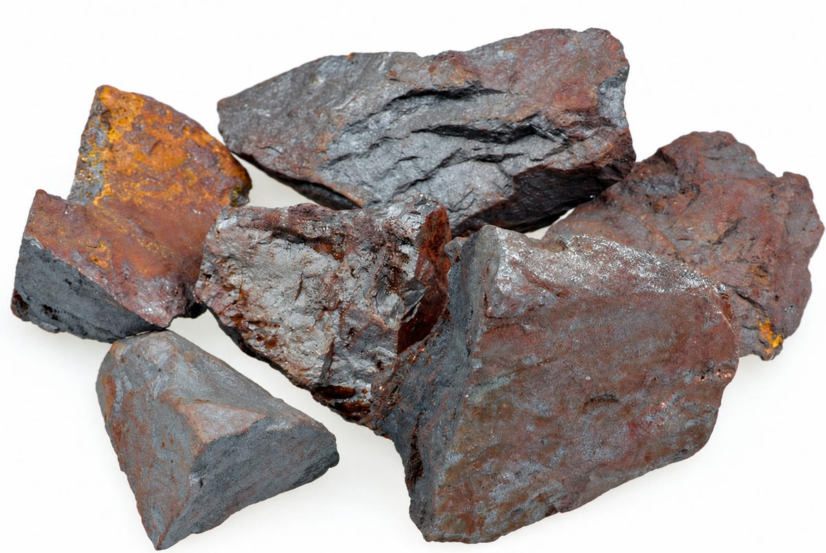 A pile of raw hematite rocks with dark grey and rusty brown surfaces on a white background.