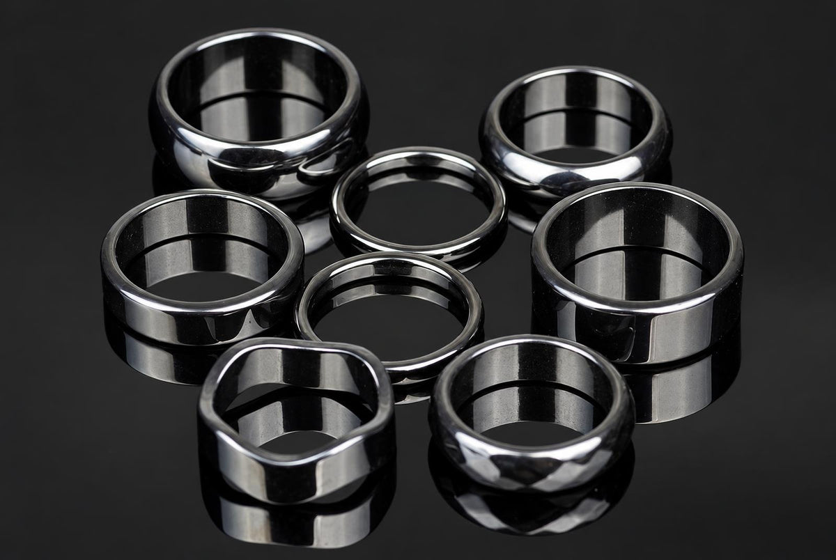 Seven silver-toned rings of varying shapes and widths arranged on a dark, reflective surface.