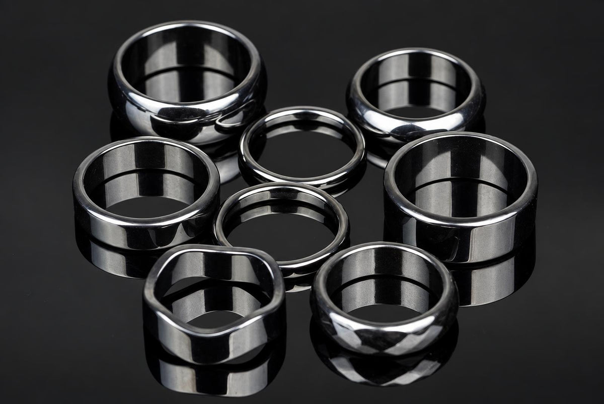 Seven silver-toned rings of varying shapes and sizes arranged on a dark, reflective surface.
