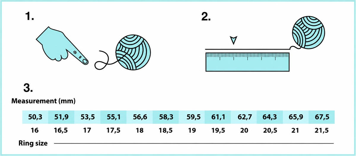 A diagram showing how to measure a ring for size using a string and ruler, with a table of measurements in millimeters corresponding to ring sizes.