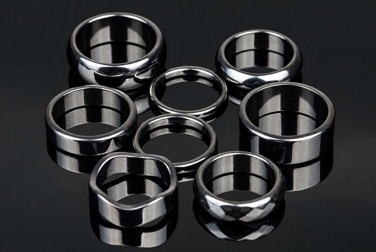 Seven silver-toned rings of varying shapes and widths arranged on a dark, reflective surface.