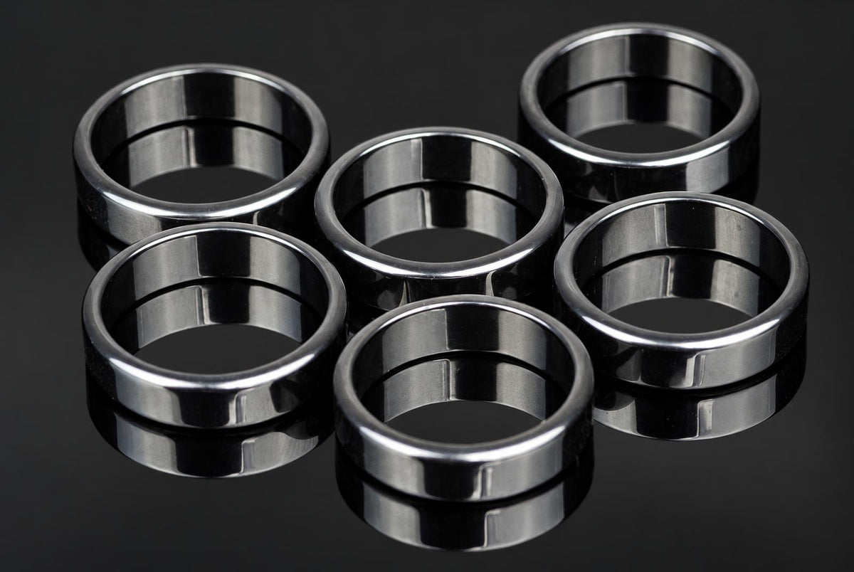 Six silver-toned rings with a smooth, flat band design arranged on a dark reflective surface.
