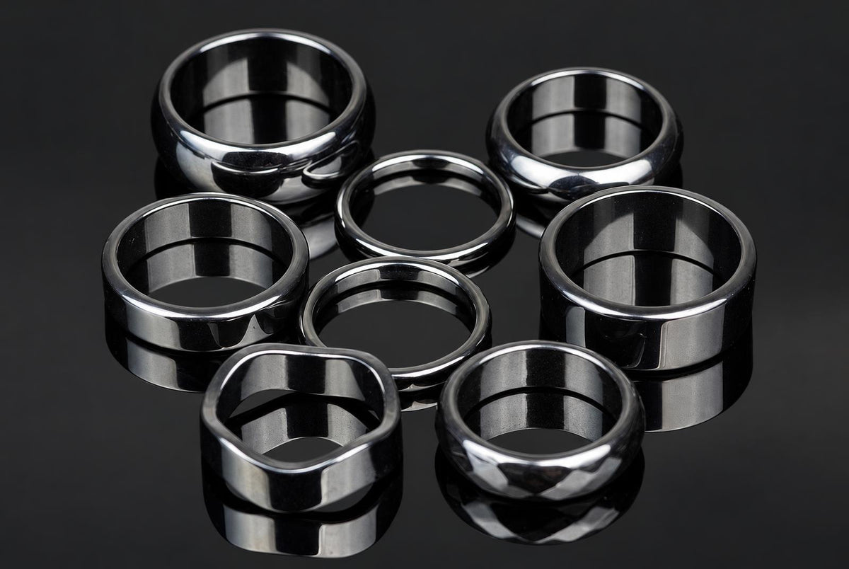 Seven silver-toned rings of varying shapes and widths arranged on a dark, reflective surface.