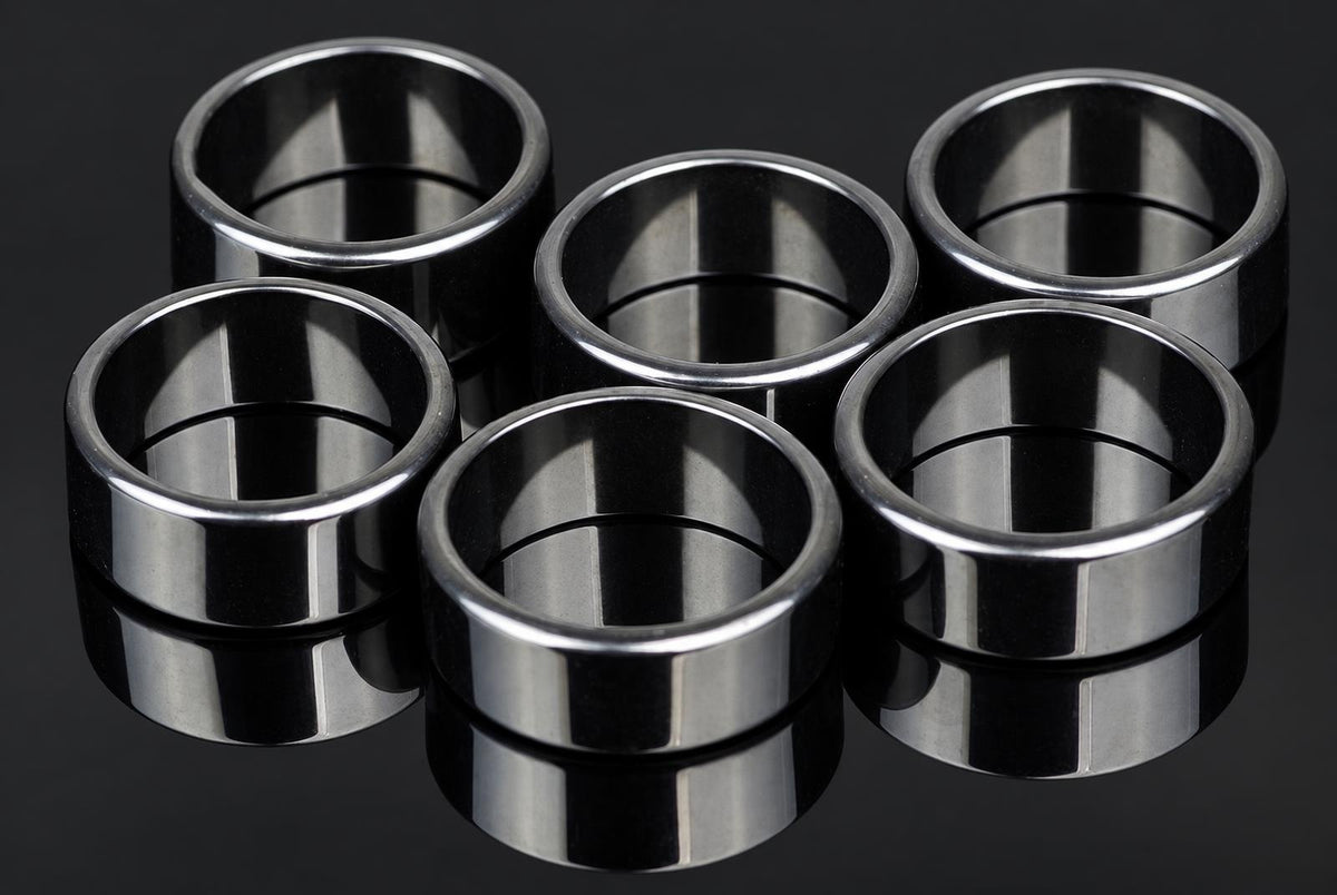 Six silver-toned, flat rings with a smooth, reflective surface arranged on a dark background.