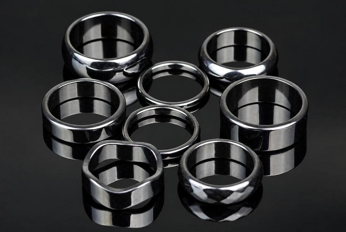 Seven silver-toned rings of varying shapes and widths arranged on a dark, reflective surface.