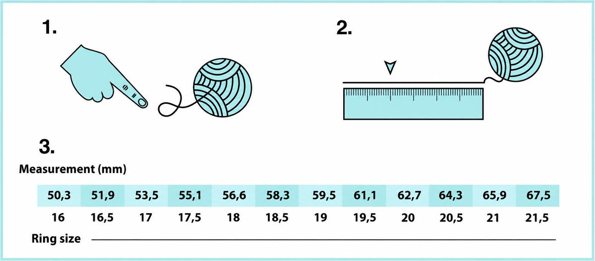 Diagram showing how to measure finger size with a string and ruler, plus a ring size chart in millimetres.