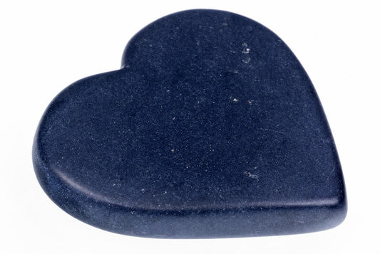 A polished, dark blue heart-shaped stone with a smooth surface and small white flecks, set against a plain white background.