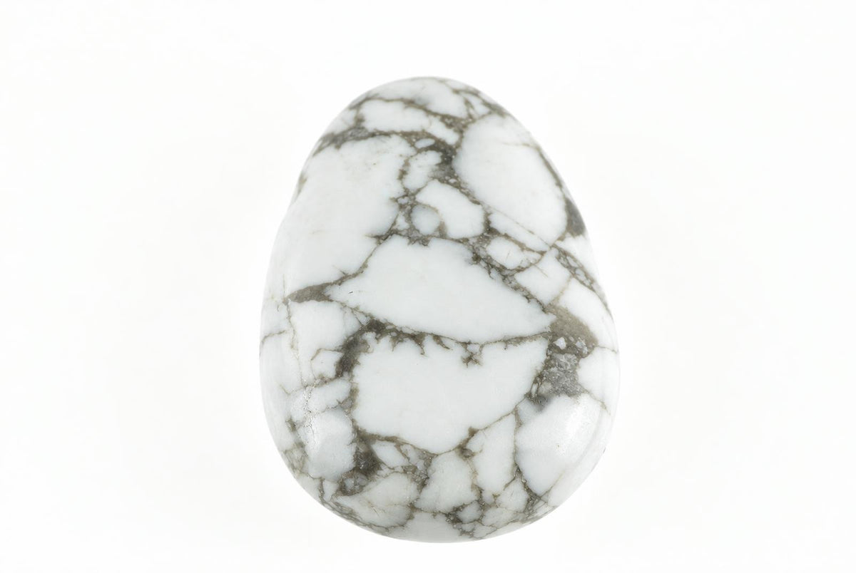 A polished white stone pendant with grey veining, shaped like a drop, set against a plain white background.