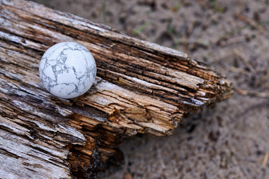 A white sphere with grey veining rests on a weathered wooden log against a blurred earthy background.